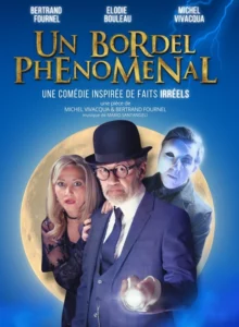 Affiche "Un bordel phénoménal". Une photo des trois protagonistes, avec la lune dorée derrière eux