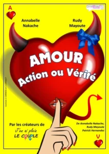 Affiche du spectacle d'humour "Amour action ou vérité". Dessin sur fond jaune d'un coeur déguisé en diablotin, un doigt devant la bouche