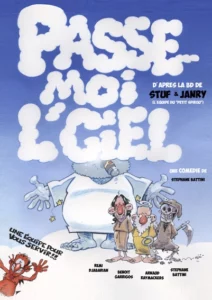 Affiche pour le spectacle d'humour "Passe moi l'ciel", un dessin avec trois anges format GAston Lagaffe, et un immense épouvantail