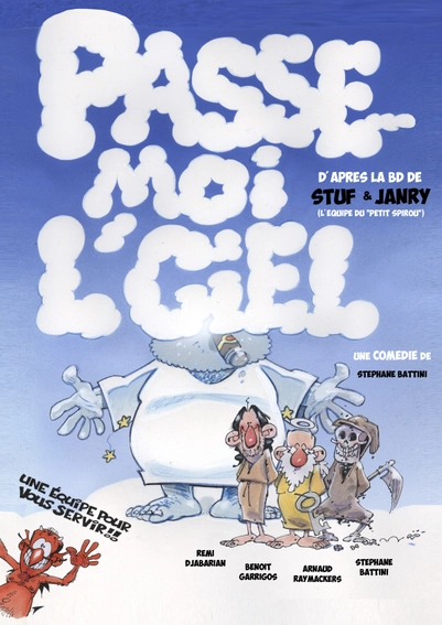 Affiche pour le spectacle d'humour "Passe moi l'ciel", un dessin avec trois anges format GAston Lagaffe, et un immense épouvantail