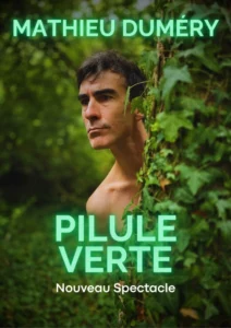 Affiche de Mathieu Duméry, portrait de lui-même, torse nu sur fond végétal, l'air sérieux