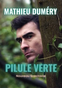 Affiche de Mathieu Duméry, portrait de lui-même sur fond végétal, l'air sérieux