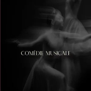 Affichette pour les cours de comédie musicale, une photo floutée et aérienne de comédiens sur scène