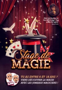 Affiche pour les ateiers de magie : dessin d'une table de agie avec Chapeau, oreilles de lapin, cartes, colombe, etc ...