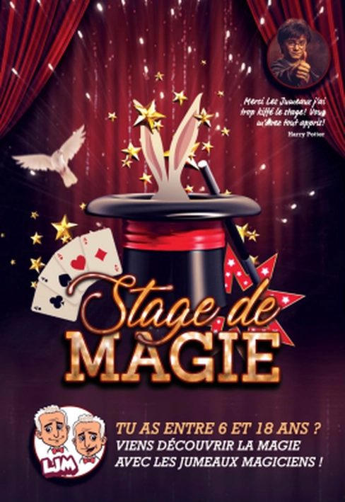 Affiche pour les ateiers de magie : dessin d'une table de agie avec Chapeau, oreilles de lapin, cartes, colombe, etc ...
