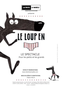 Affiche de "Le loup en slip" : le spectacle tiré de la célèbre BD ! Dessin du fameux Lup qui court vers son slip à rayures