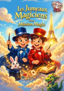 Affiche pour Mission MAgie, dessin de deux enfants en costume de magicien au fond la tour Eiffel dorée et toute brillante
