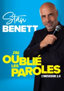 Affiche pour Stan Benett : une photo de lui sur fond bleu, micro en main et souriant