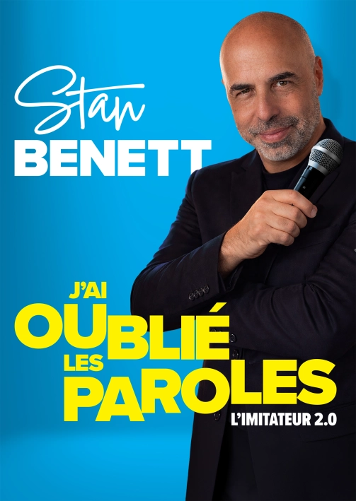Affiche pour Stan Benett : une photo de lui sur fond bleu, micro en main et souriant